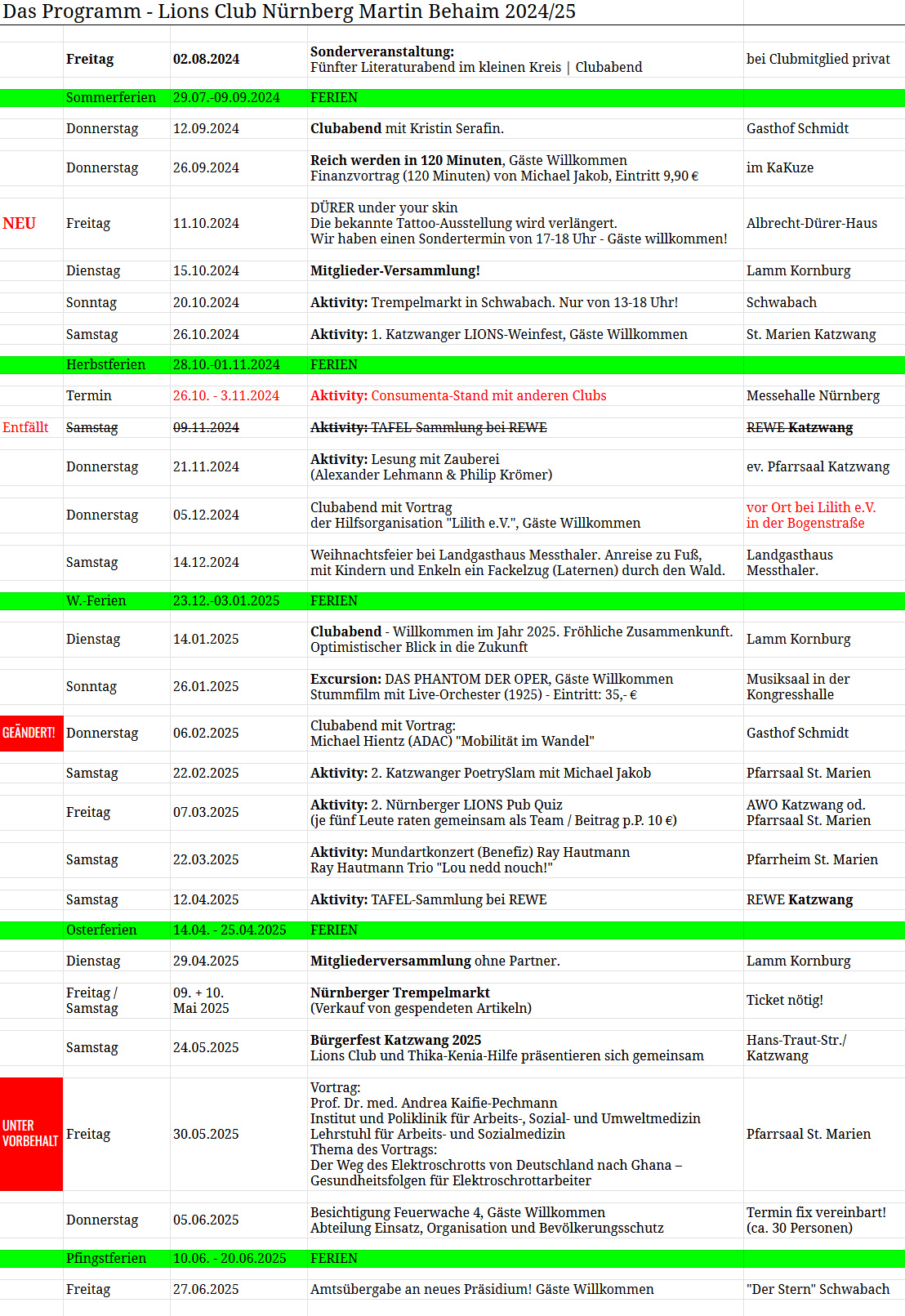 Unser Programm für das Lions-Jahr 2024/25. Eventuelle Änderungen werden nach Möglichkeit aktualisiert.