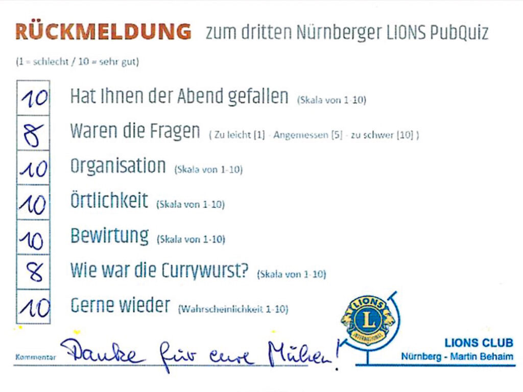 Rückmeldungen zum dritten Nürnberger Lions PubQuiz